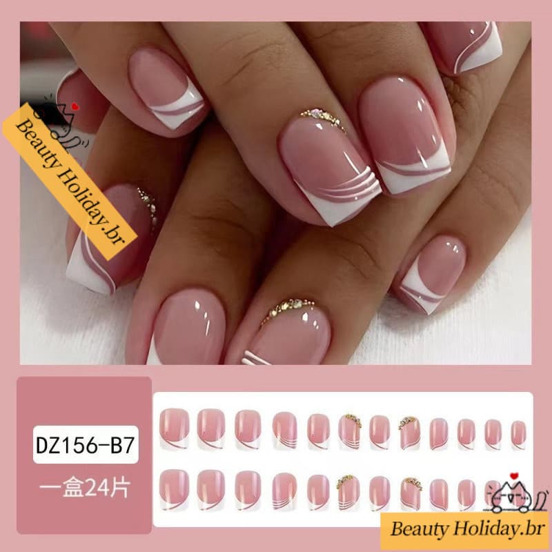 24 piece unhas postiças decoradas realista curtas francesinha com cola Pregos Falsos Com Prensa