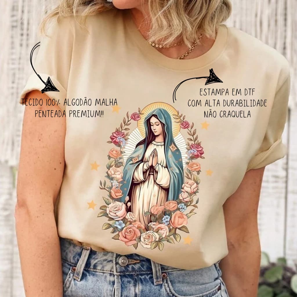 Camiseta Premium Camiseta Feminina Estampada Virgem Maria Blusa Algodão Catolica Envio Imediato
