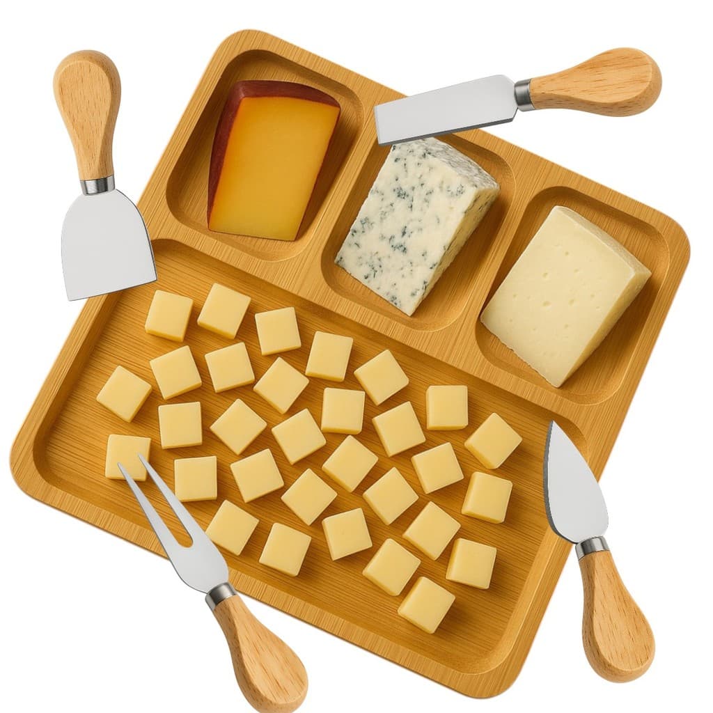 Kit Petisqueira 4 Divisórias + Jogo 4 Utensílios P/ Queijo