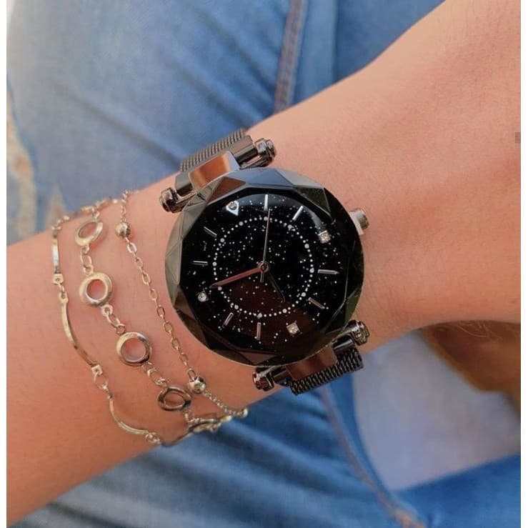 Relógio Feminino Céu Estrelado Brilhante Strass Analógico Pulseira em Imã
