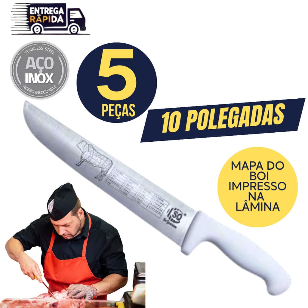 5 Facas Carne Chef Aço Cabo Branco 10" Profissional Churrasco Entre as melhores facas de cozinha