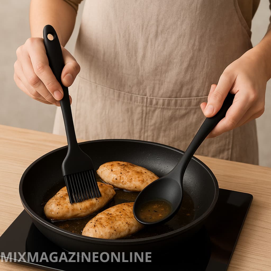 Colher Cabo Longo + Pincel Culinário  Preto Conjunto de Utensílios de Silicone