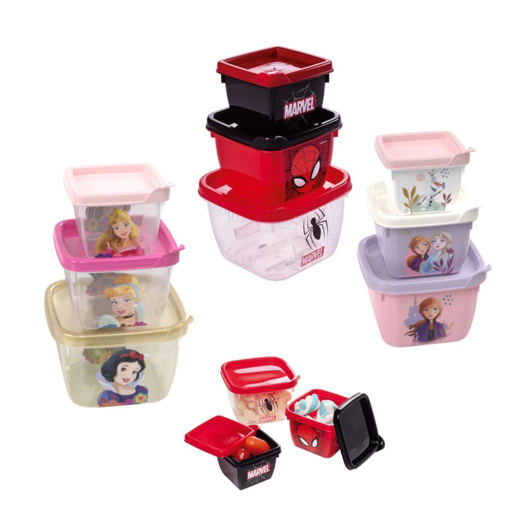 Kit 3 Potes Lancheira Passeio Papinha Homem Aranha, Princesas e Frozen Plasútil