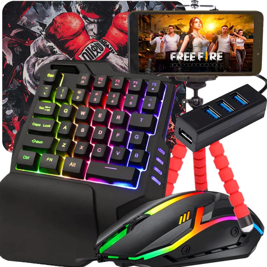 Kit Mobilador Gamer Completo One Hand Uma Mao Otg Tipo C + Otg Micro 7 Peças