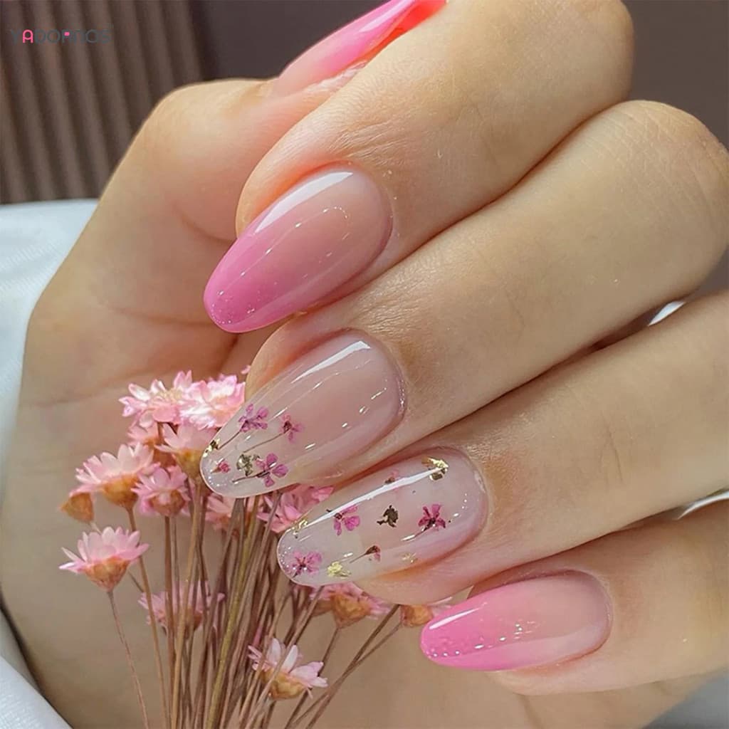 Pacote de 24 peças de unhas falsas de amêndoa gradiente rosa flor Design cobertura completa mulheres primavera verão unh