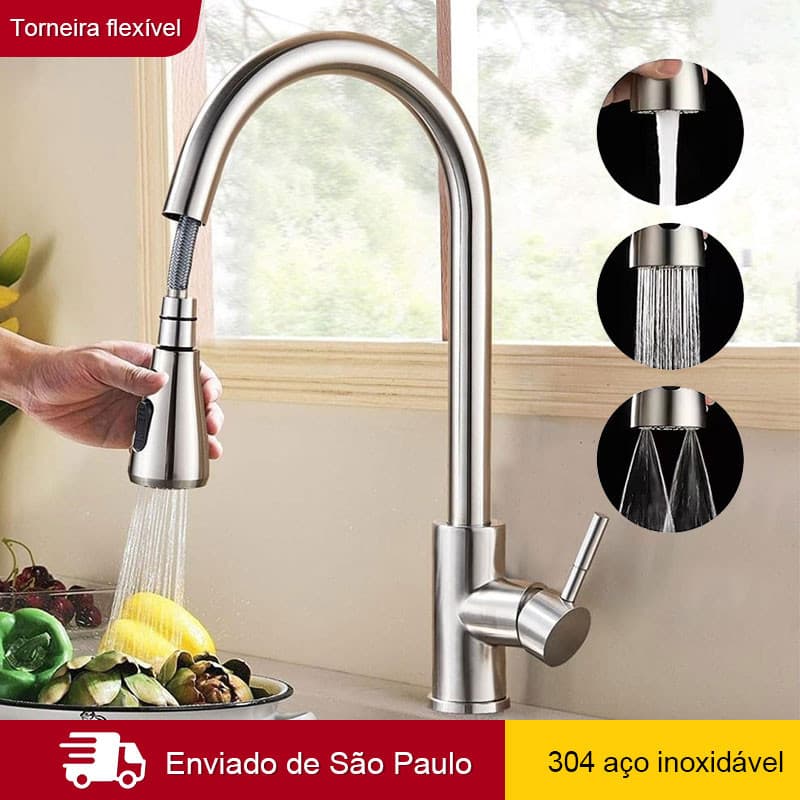 Torneira Para Cozinha Gourmet Misturador Monocomando  Rotação de 360° Em Aço Inox Escovado