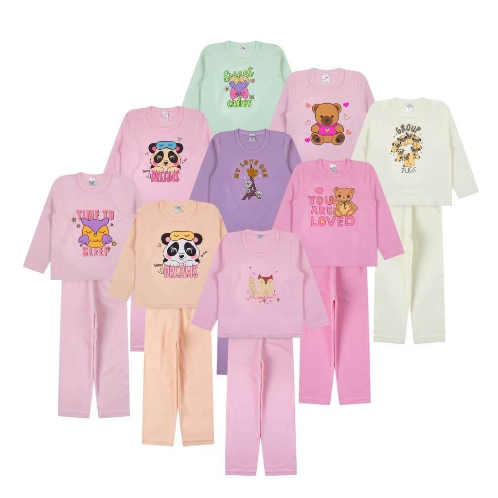 Kit 6 Peças Plush Criança ao Juvenil Conjunto Pijama Inverno Menina Peluciado 3 Blusas + 3 Calças