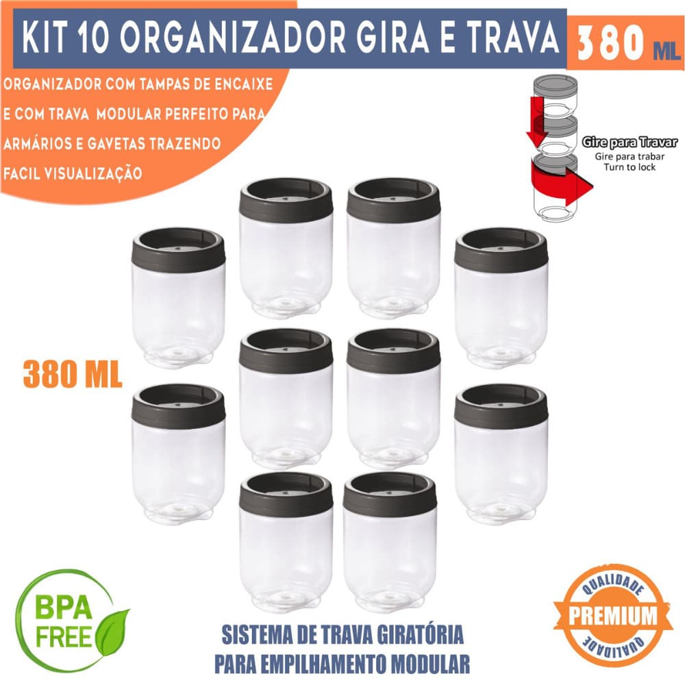 Kit 10 Potes Organizadores Gira e Trava Empilháveis C/ Rosca 380ml Plasútil Para Temperos Condimento