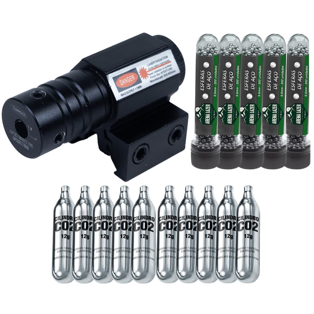 Kit Emissor de Laser para Airsoft + 1000 Esferas Aço 6mm + 10 Cilindros CO2 12g + Acessórios