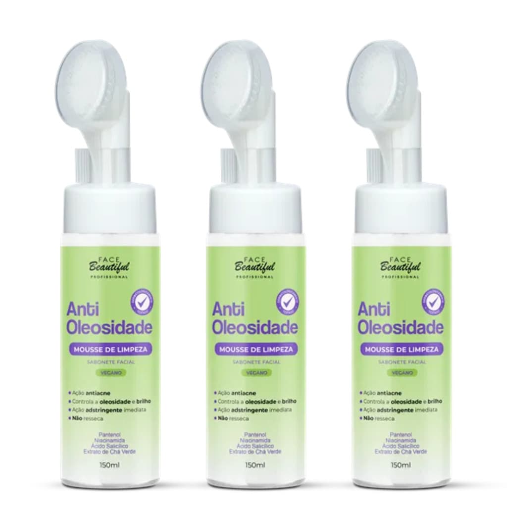 Sabonete Mousse Limpeza Facial Antioleosidade Kit 3 Un 150ml Face Beautiful