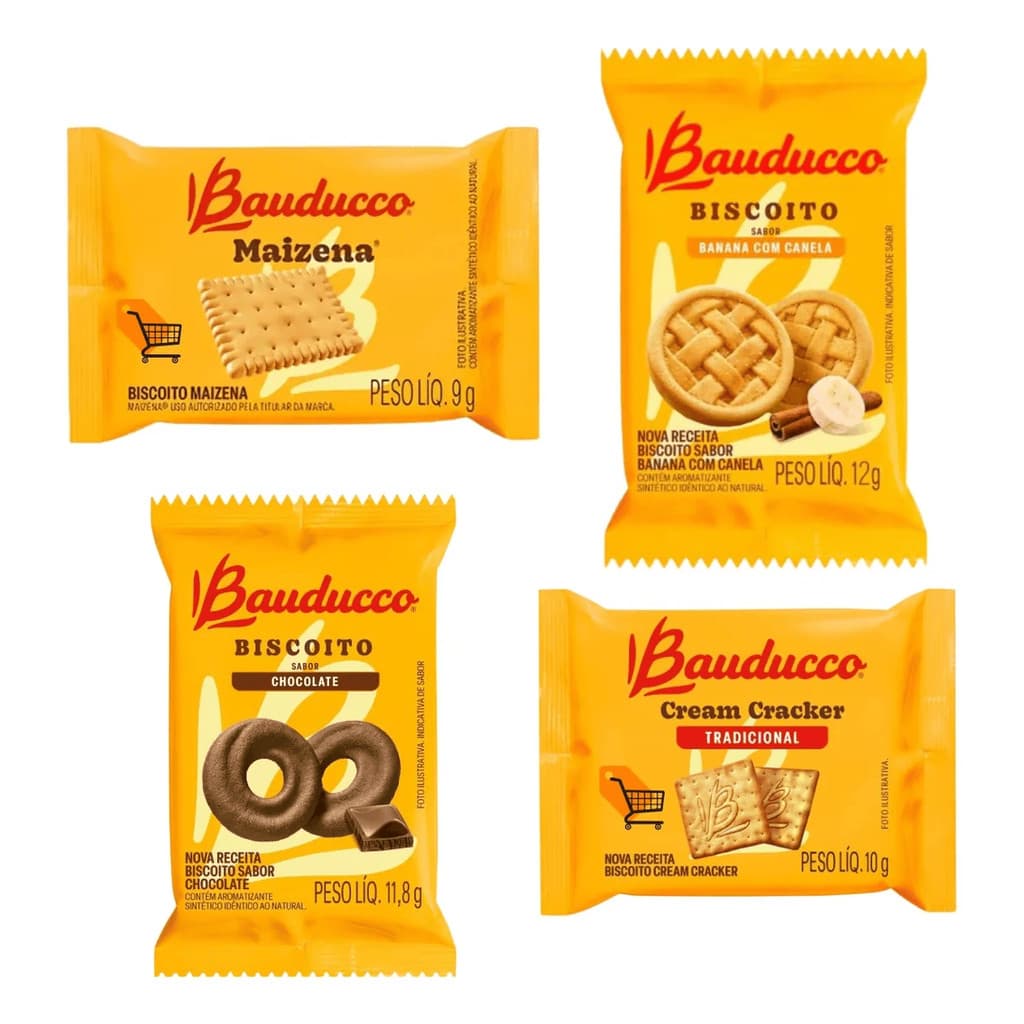 Kit 400 Biscoito Amanteigado Sache Bauducco Sabores (Banana com canela, Cracker, Leite com gotas, Maizena)