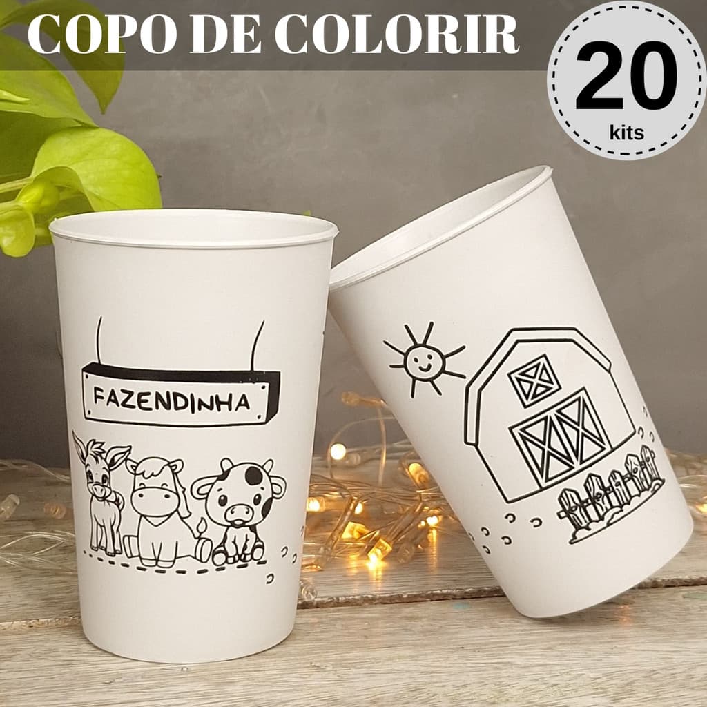 Copo Para Colorir Fazendinha Lembrancinha de Aniversário Festa Infantil Educativa Brinde Criativo.