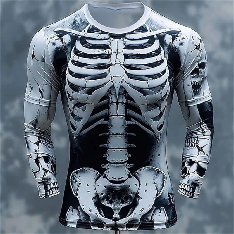 Impressão 3D Esqueleto Crânios Padrão T Camisas Masculinas Manga Longa Casual Moda Camiseta Topo Moletom Respirável Stre