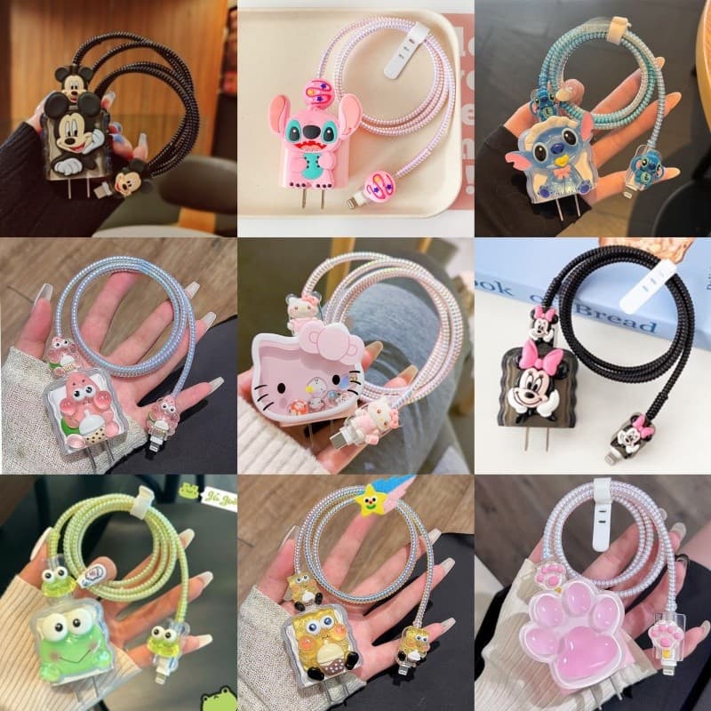 Nova Alta Qualidade Dos Desenhos Animados Hello Kitty Ponto Carregador Cabo De Dados Caso Protetor E Kit Enrolamento Par