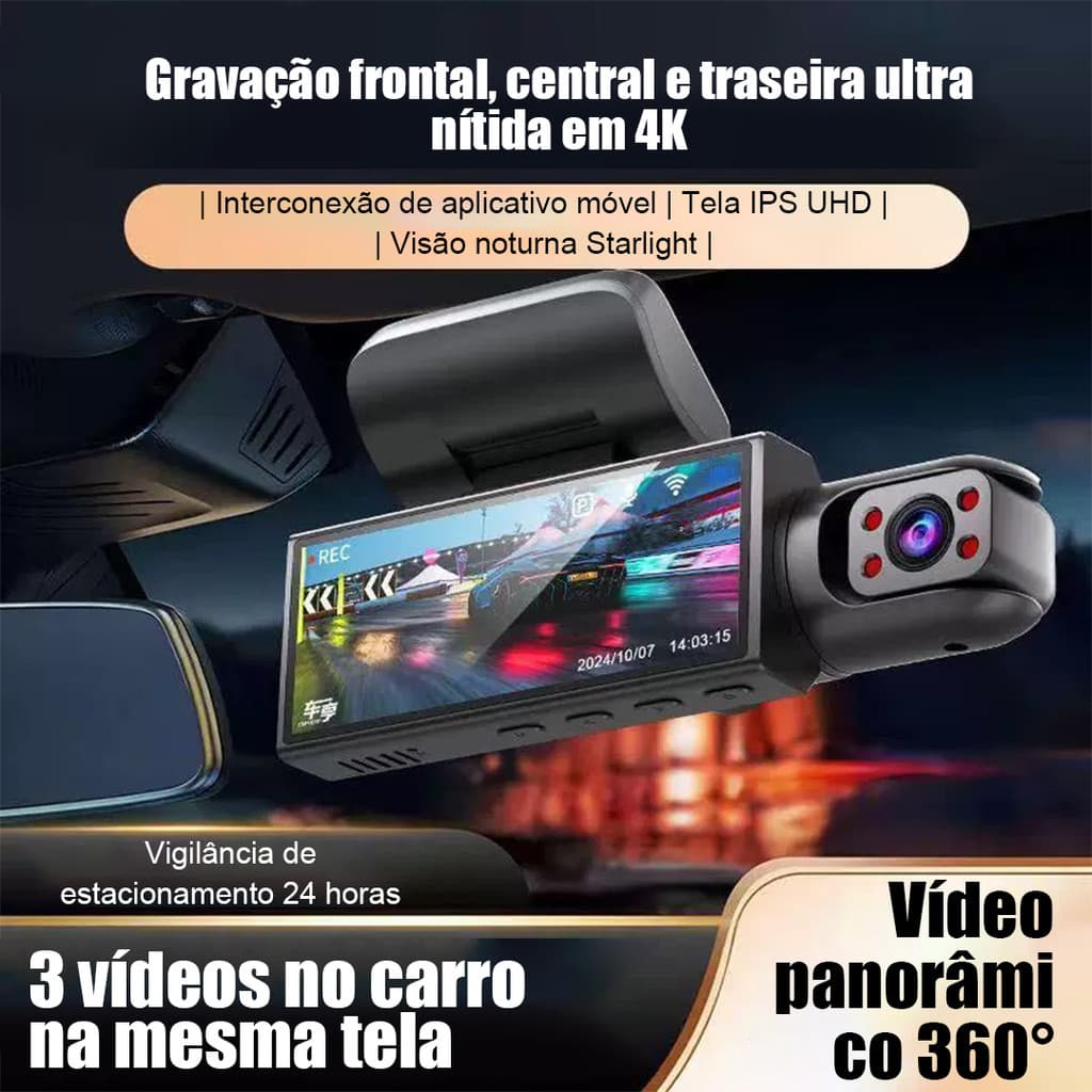 Câmera Veicular 360° V9 com 3 Lentes HD, Visão Noturna, Estacionamento, Sem Fios, Gravação Full HD