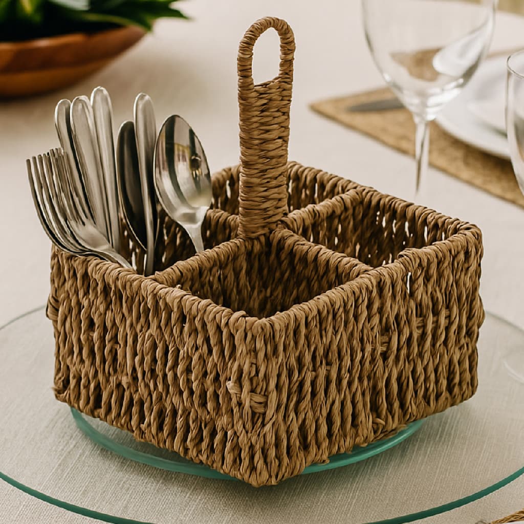 Porta Talheres Wolff em Sisal Grande com Pegador Mesa Posta Requintada Luxo Clássica Churrasco Marrom Organizadora
