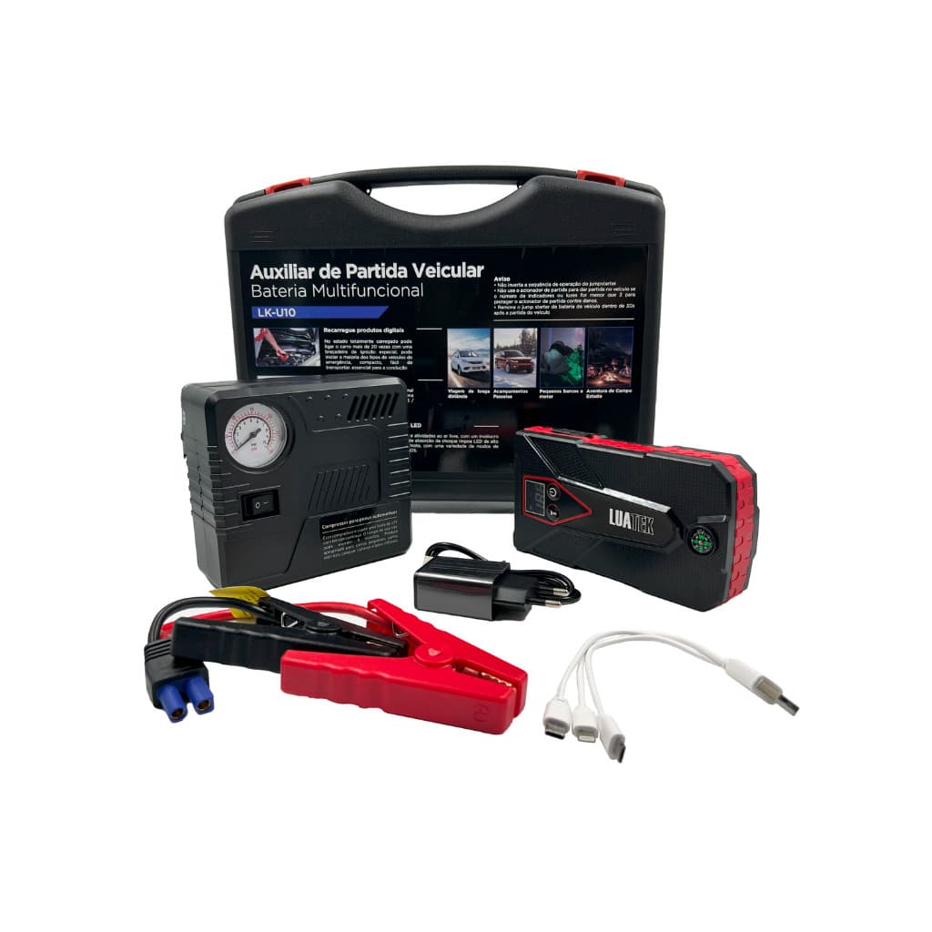 Fonte Auxiliar De Partida Portátil Veicular Com Compressor + Cabos + Bussola U10
