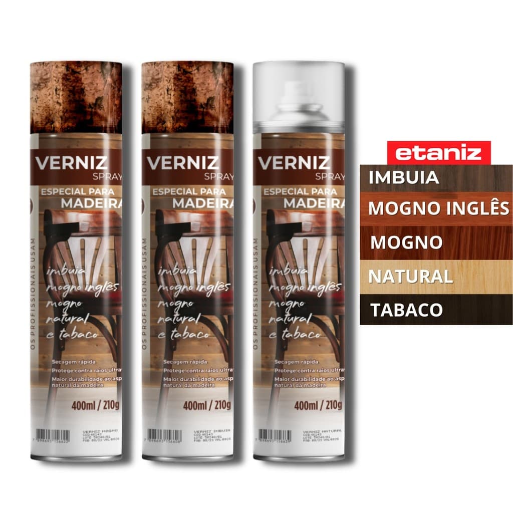 Spray Verniz 400ml Etaniz - Imbuia, Mogno, Tabaco, Transparente e Mogno Inglês