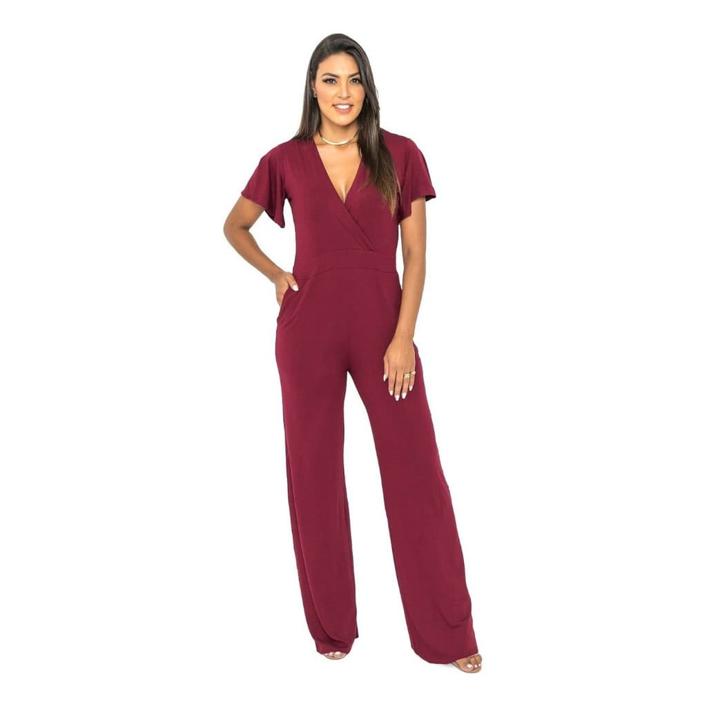 Macacão Longo Feminino Pantalona Manga Curta Evasê
