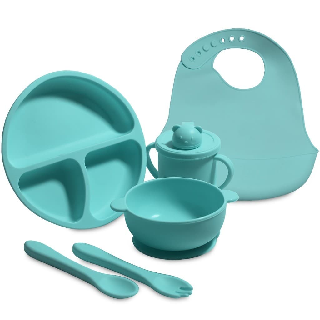 Kit Refeição Infantil Silicone 6 Peças com Prato Ventosa Tigela Copo Talheres Babador Livre de BPA