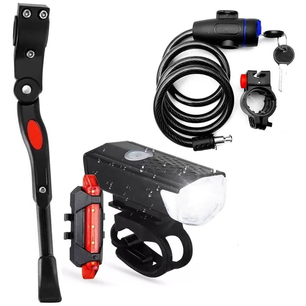 Kit Acessórios Bike Trava Cabo De Aço Cadeado Segurança Moto Descanso Pezinho Lateral + Farol Bike Luz Led Usb Ciclismo