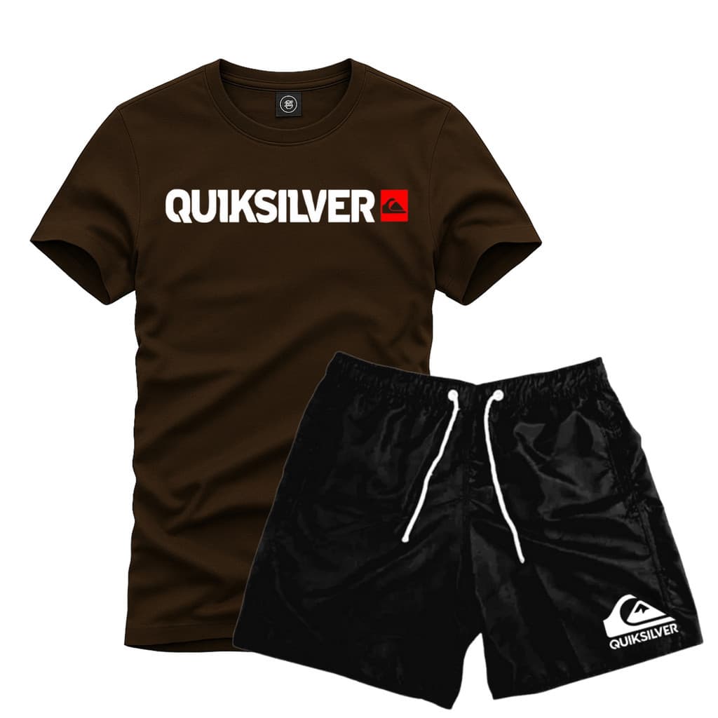 Kit Camiseta Masculina Algodão Quiksilver Short Tactel Elastano Preto Envio Imediato