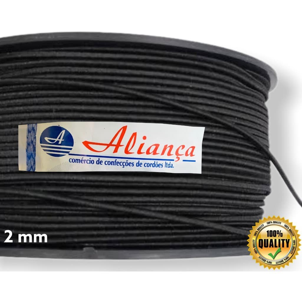 Elástico Roliço preto 2mm rolo com 100 metros