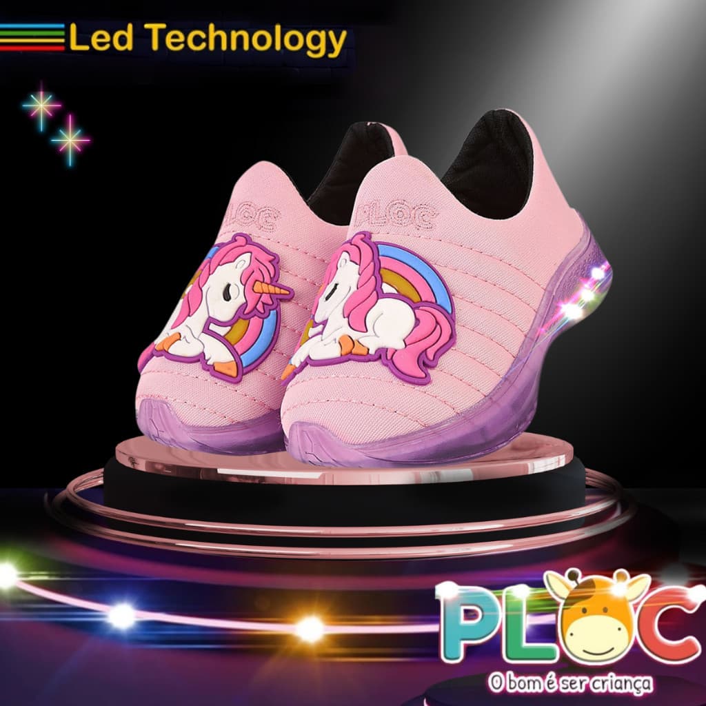 Tênis Led Infantil Luzinha Menina PLOC LED14 - ROSA UNICÓRNIO Confortável Anatômico