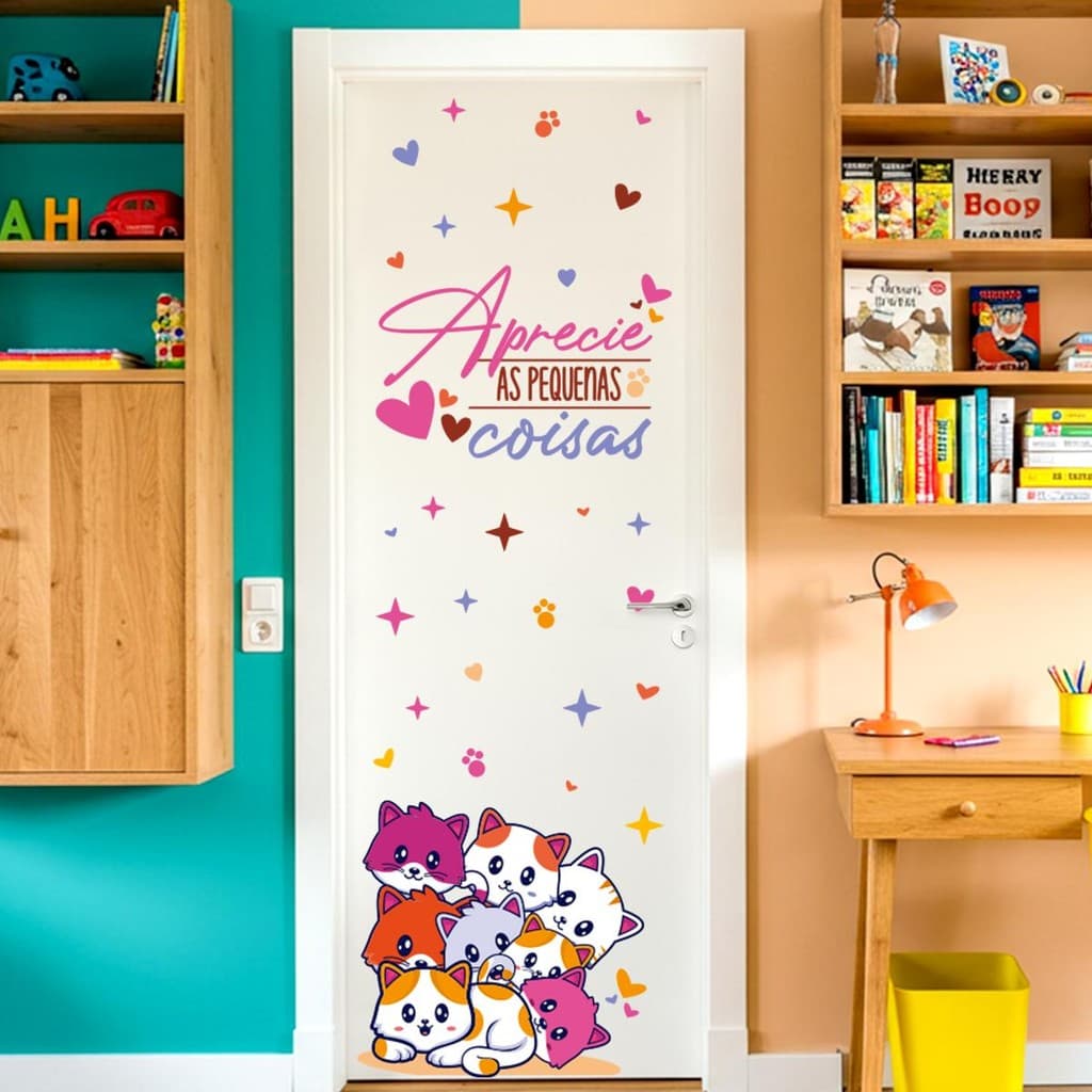 Adesivo Infantil Gatos Porta Lavável Seguro Fácil Aplicação Quarto de Bebê Menina Menino