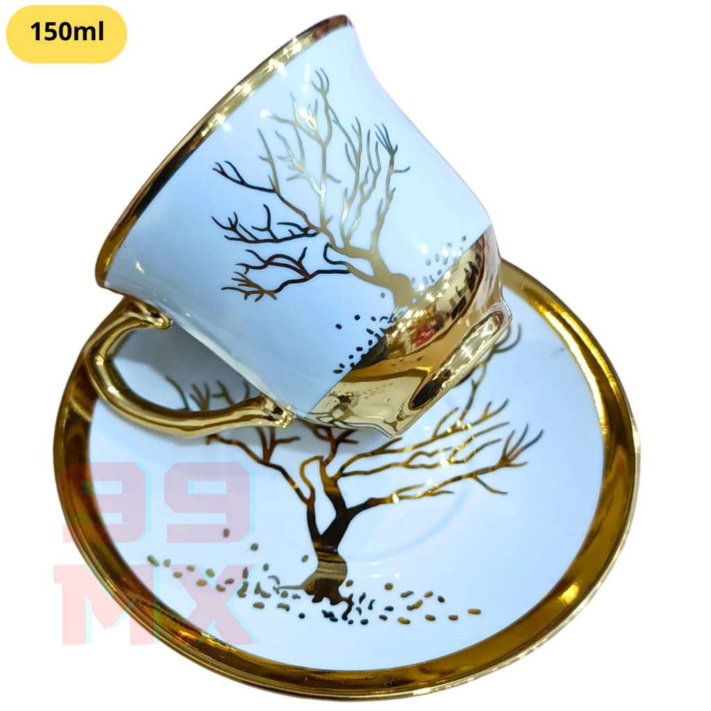 Xícara e Pires 150ml de Porcelana com Arte Dourada – Estilo Clássico e Sofisticado