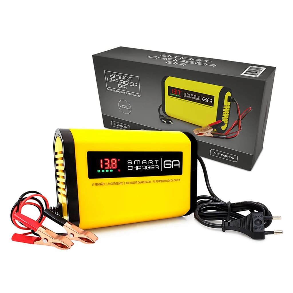 Carregador de Bateria Automotivo Smart Charger 6A 12V Digital Voltímetro Indicador Carga Carro Moto