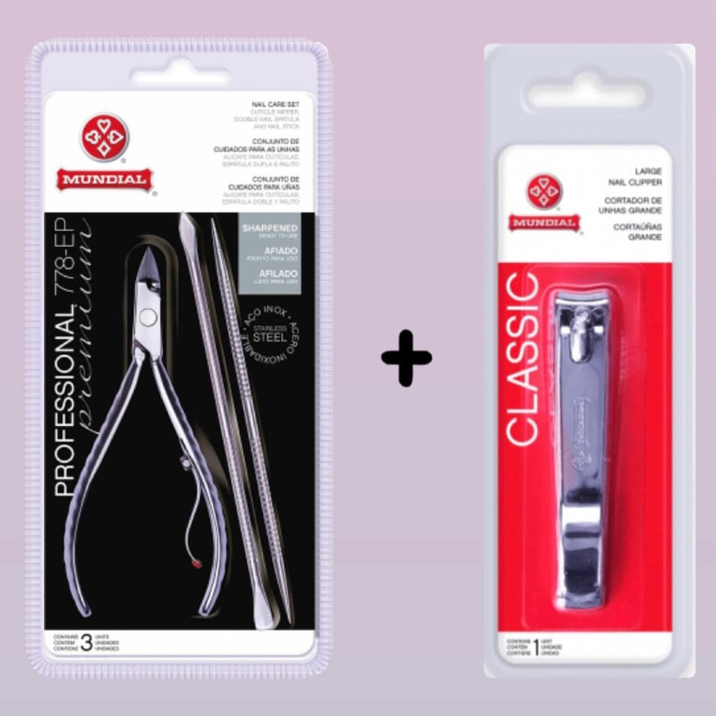 Kit Alicate Mundial 722 Inox + Espátula + Palito  (778-EP) + Cortador Unha Grande 121-CD Original Kit Manicure