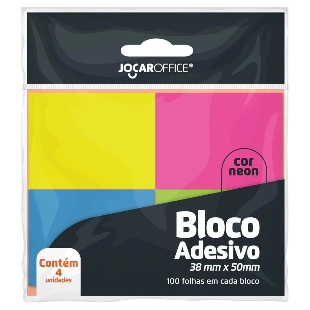 KIT POST IT BLOCO DE ADESIVO NEON 38mm x 50mm 400 FOLHAS JOCAR OFFICE
