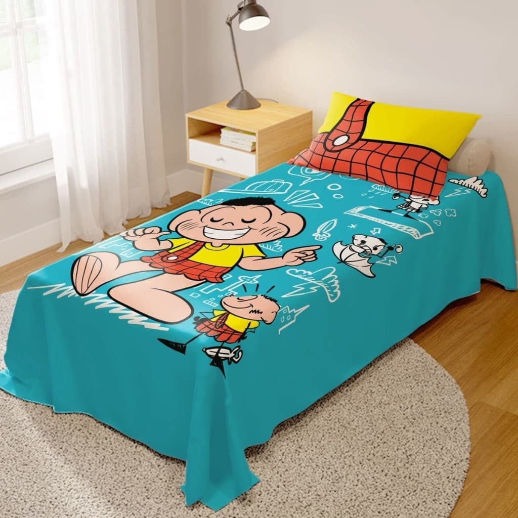 Jogo De Lençol Cobre Leito + Fronha Quarto Turminha Divertida Quadrinhos gibis Diversos Personagens