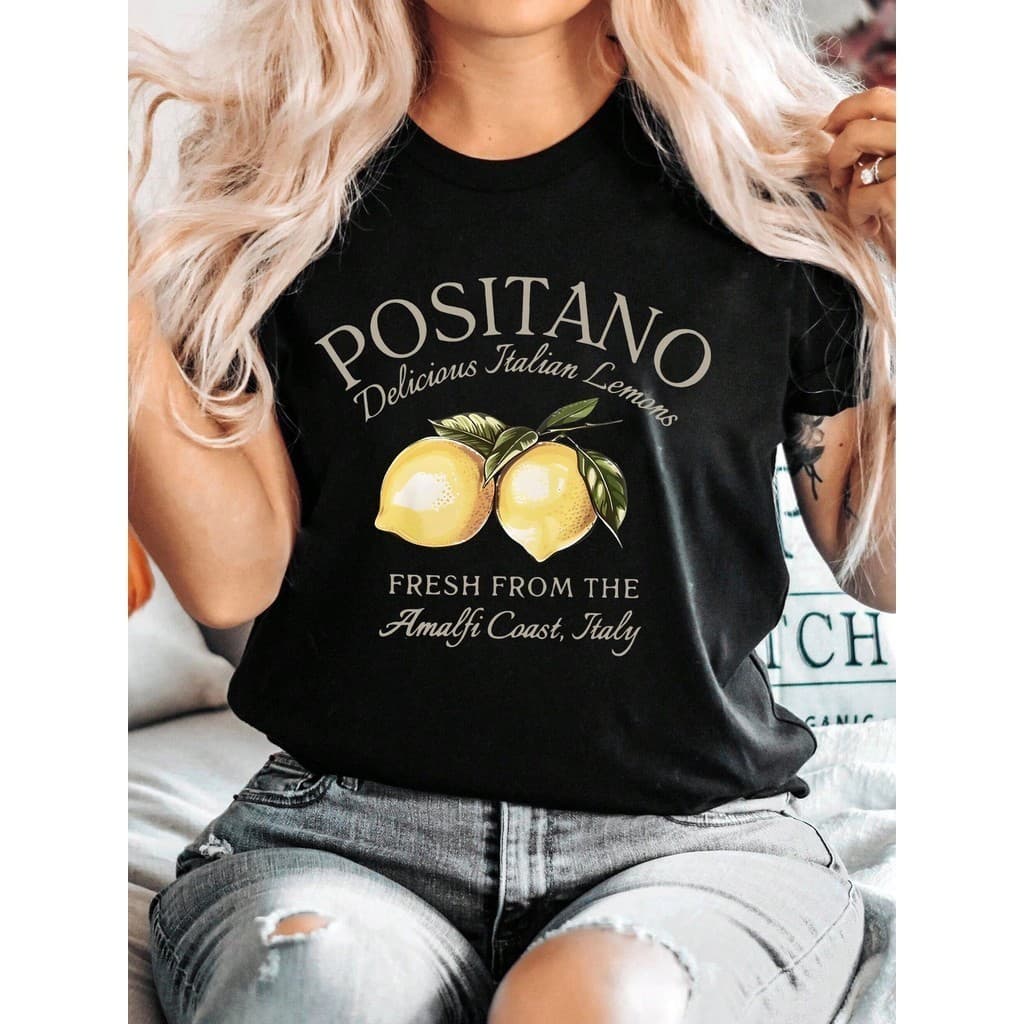 Camiseta Premium em Algodão PuroSISI Feminina Estampa de Limão Positano Camisa Casual Para usar no Verão 100%ALGODÃO