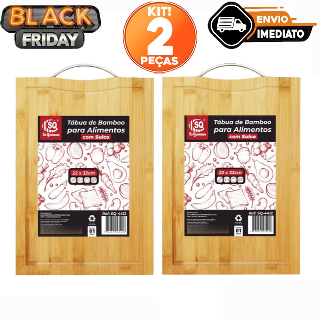 Kit 02 Tábua De Bambu Para Carne Legumes Churrasco 32x22cm