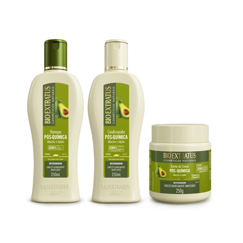 Kit Pós-Química Shampoo, Condicionador, Banho de Creme BioExtratus - 250mL Tratamento Restaurador