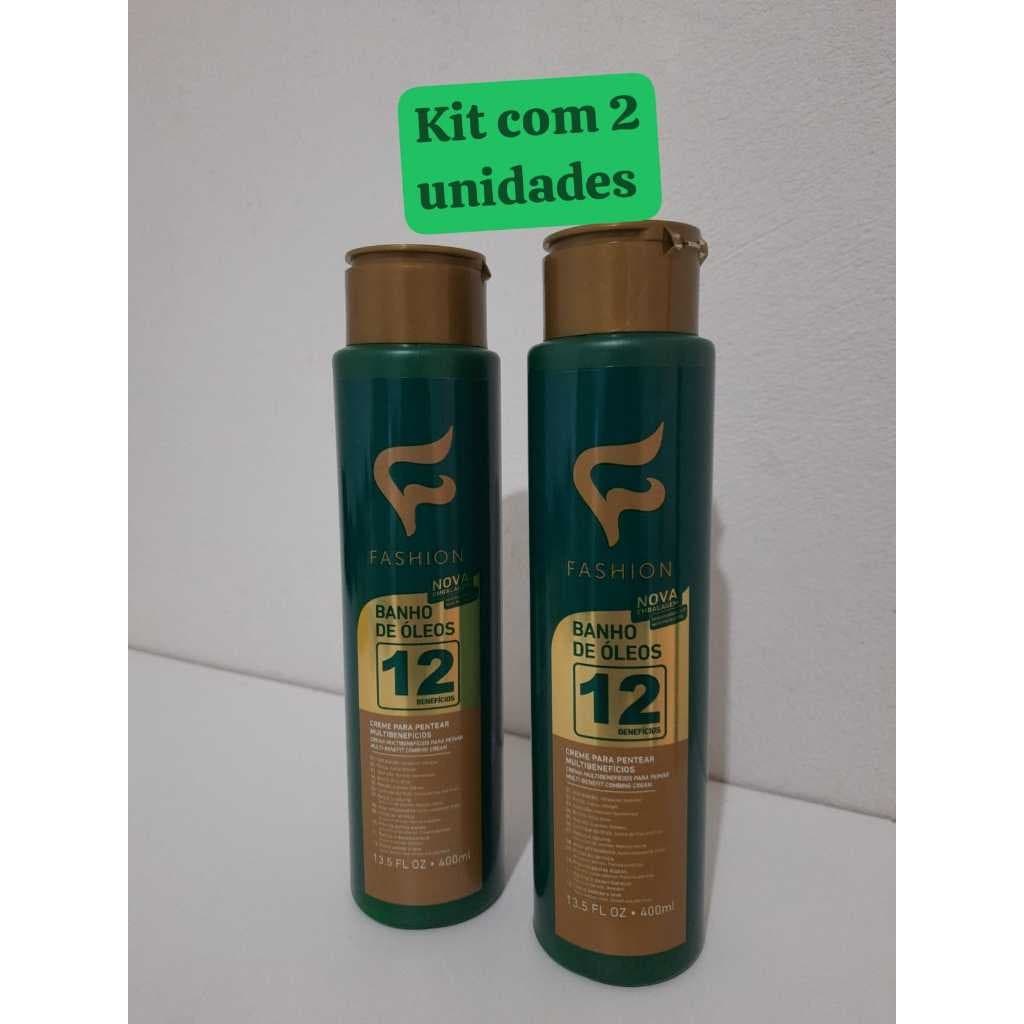 Kit com 2 Creme de Pentear Cabelo Sem Enxague Leave In Banho de Oleos 12 Beneficios Fashion 400ml