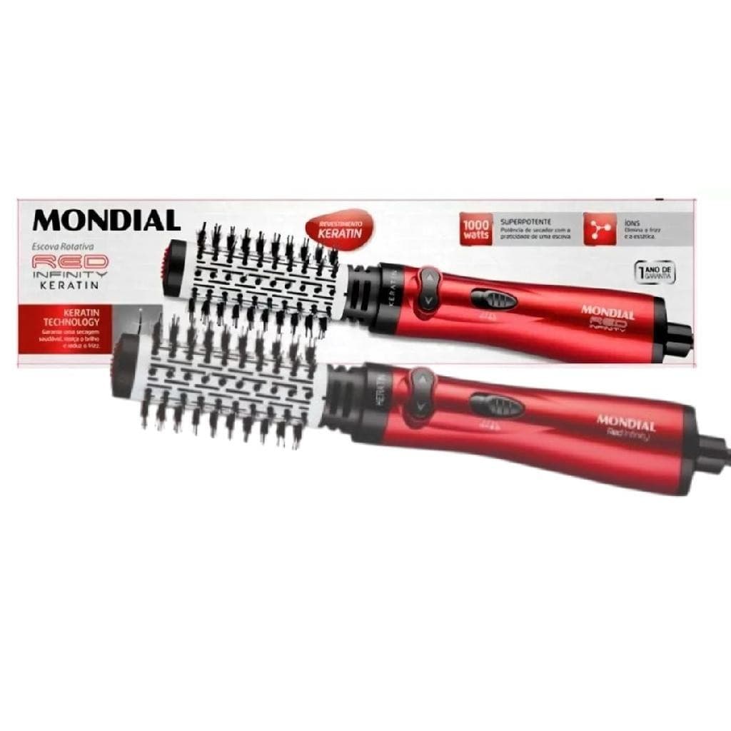 Escova Secadora Rotativa Mondial ER-11-KR Red Infinity Keratin 3 EM 1 1000W Cabo 360° Vermelha  220V