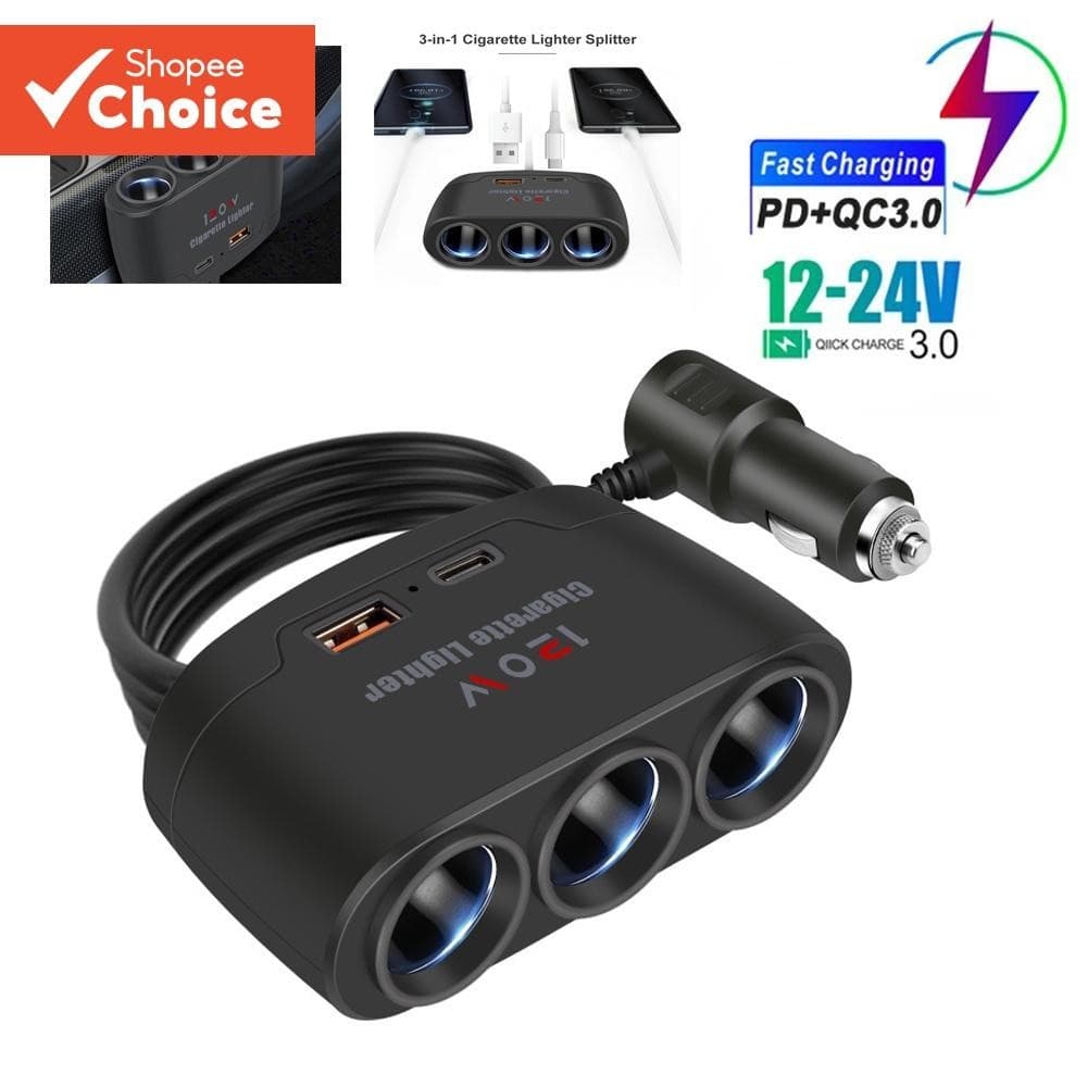 Adaptador De Carregador De Carro 12V 24V 3 Soquete Divisor De Isqueiro Duplo USB LED