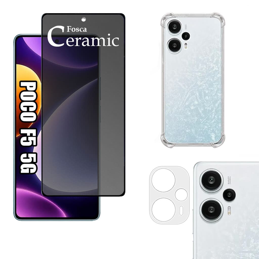 KIT Para Xiaomi Poco F5 5g | Película Privacidade Fosca 9D - Capa Anti Impacto - Película da Câmera