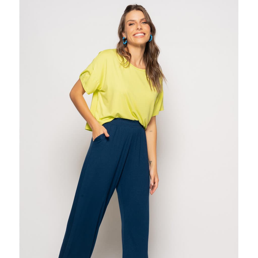 Calça Wide Leg Com Bolso Malha Salvatore Fashion