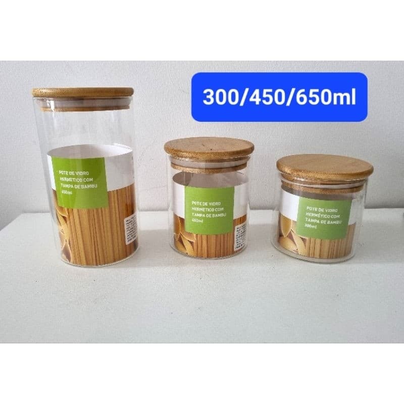 Kit com 3 Potes de Vidro 300ml/450ml/650ml com Tampa Bambu Hermética Redondo.