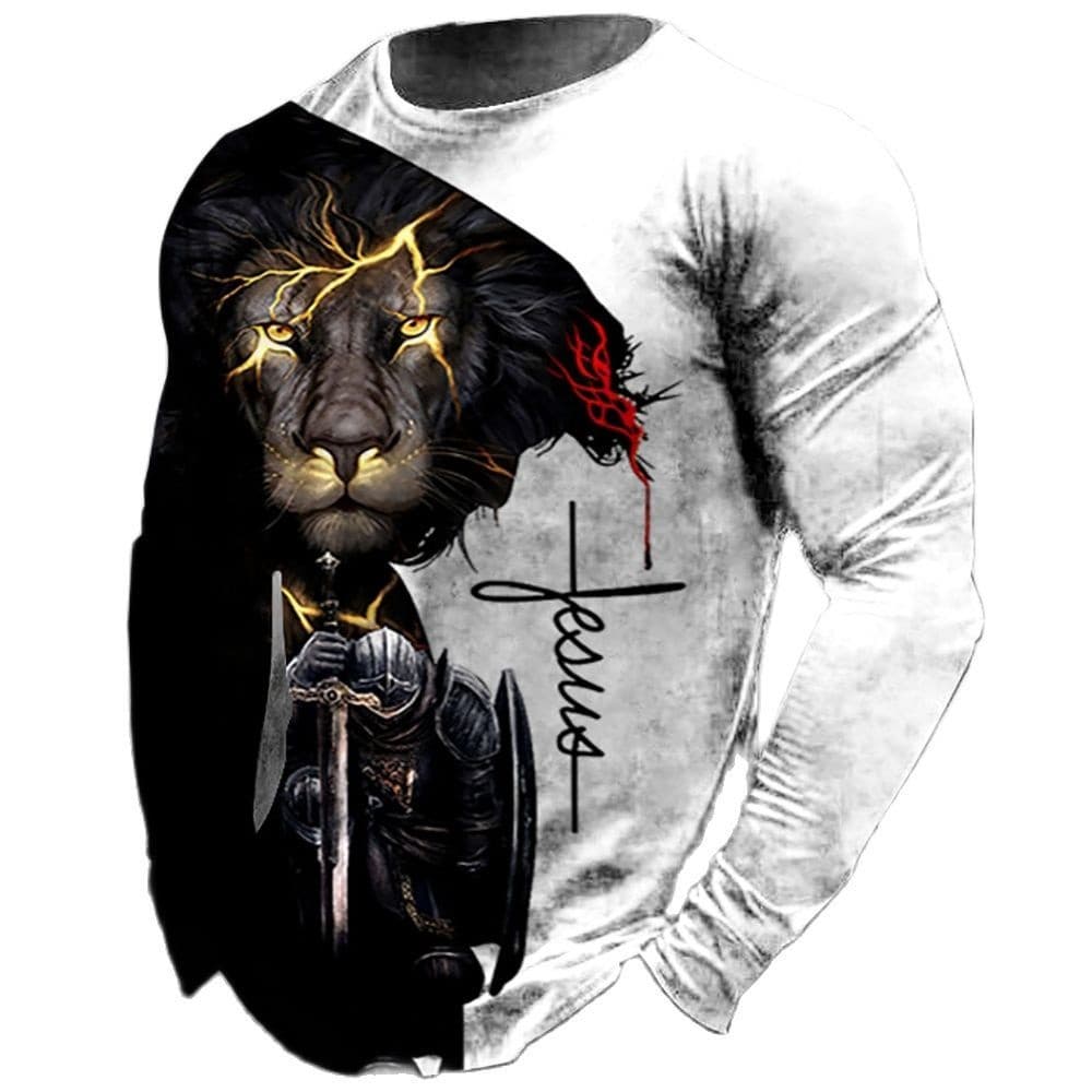 Camiseta Masculina Impressa Em 3D , Algodão Manga Comprida , Respirável E Confortável