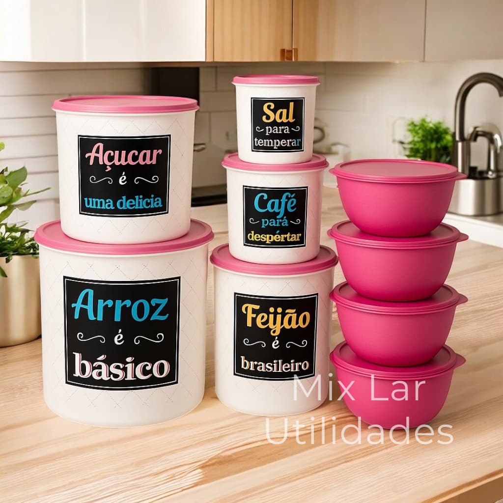Kit de potes mantimentos cozinha 9 peças plástico porta mantimentos