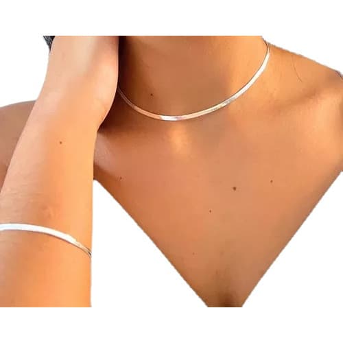 Kit Colar + Pulseira Prata 925 Feminina Choker Laminada