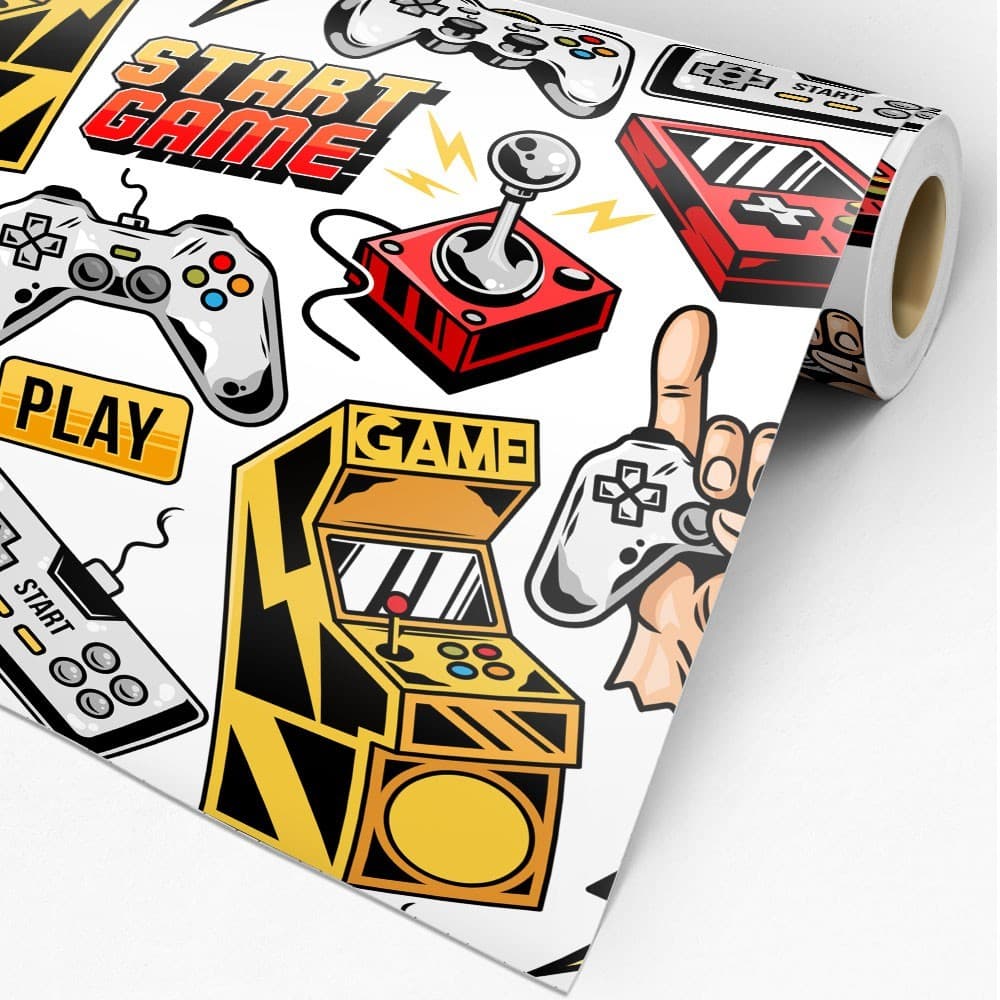 Papel de Parede Gamer Arcade Fliperama Start Game com Cores Vibrantes em Amarelo e Vermelho
