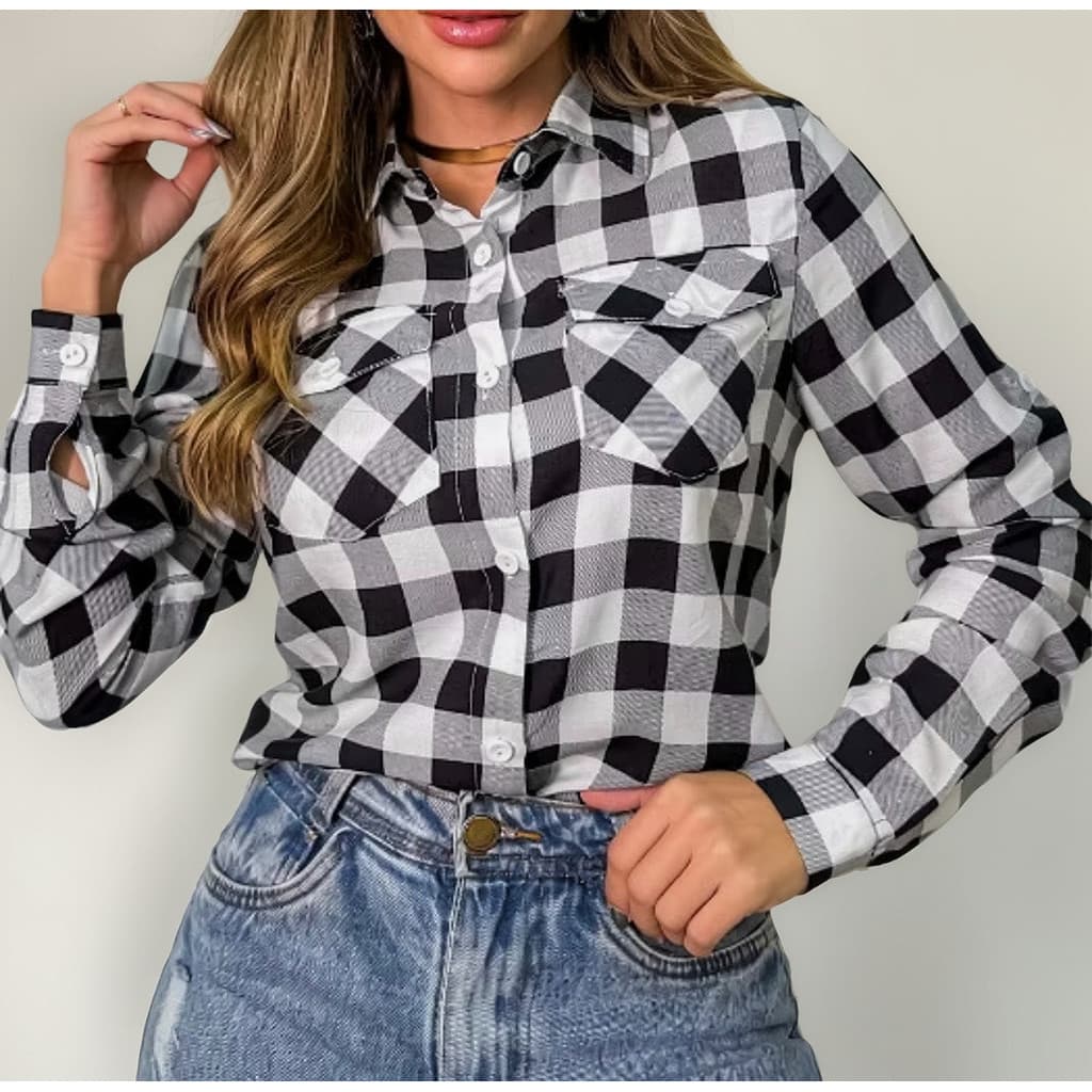 Blusa Camisa Xadrez Feminina Manga Longa Festa Junina