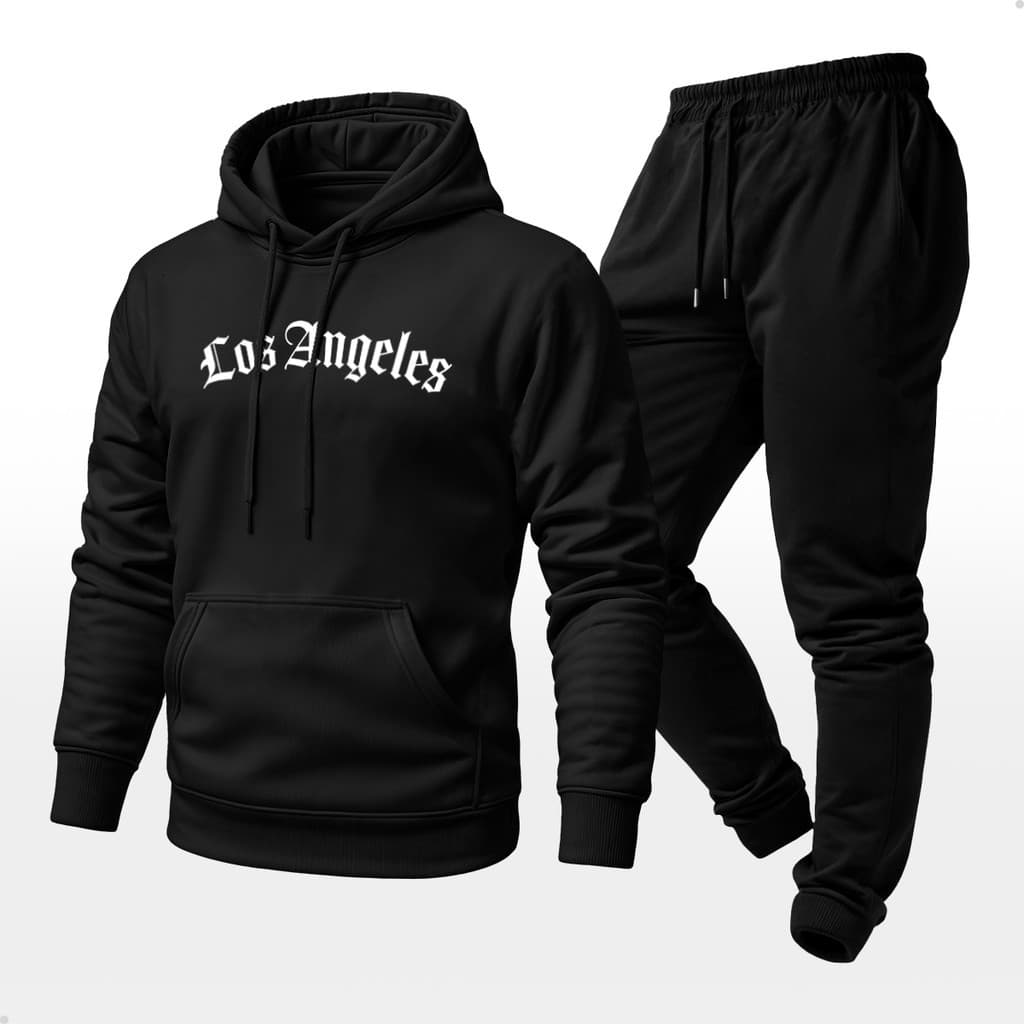 Conjunto Moletom Unissex Estampa Los Angeles Calça e Blusa De Frio Com Capuz Bolso Canguru