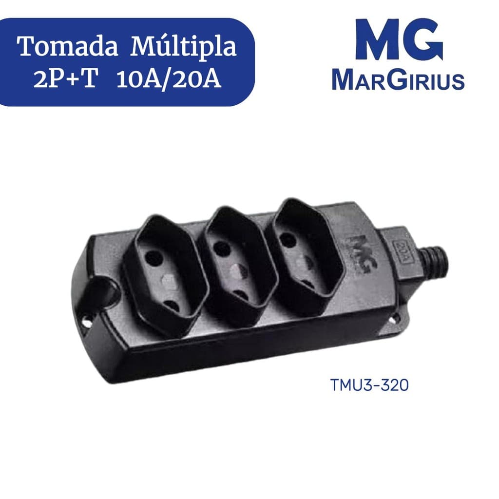 Tomada Régua Barra Múltipla Preta 3 Tomada 2P+T 10A 20A MARGIRIUS - TMU3-320